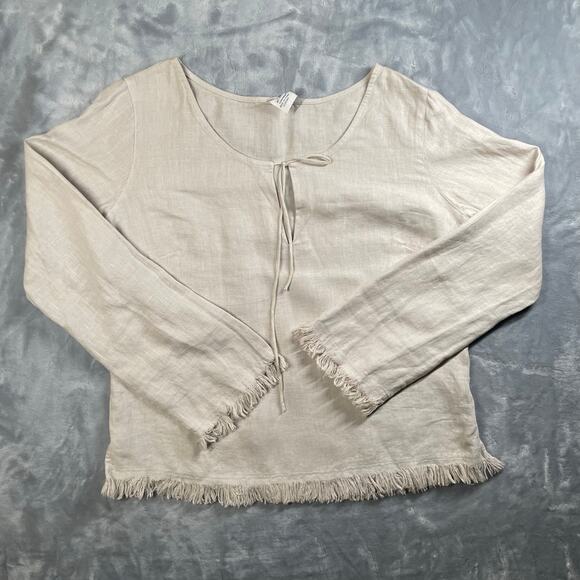Kleen Linen popover fringed frayed boxy blouse top M long sleeve lagenlook cream - Picture 1 of 13